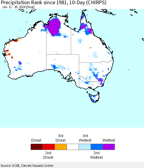 Australia Precipitation Rank since 1981, 10-Day (CHIRPS) Thematic Map For 1/11/2024 - 1/20/2024