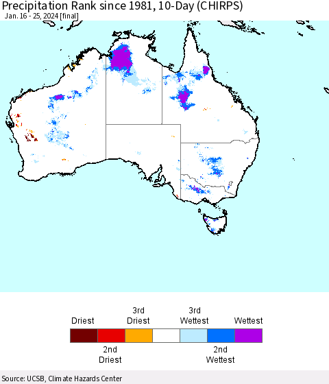 Australia Precipitation Rank since 1981, 10-Day (CHIRPS) Thematic Map For 1/16/2024 - 1/25/2024