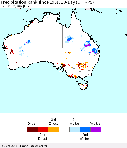 Australia Precipitation Rank since 1981, 10-Day (CHIRPS) Thematic Map For 1/21/2024 - 1/31/2024