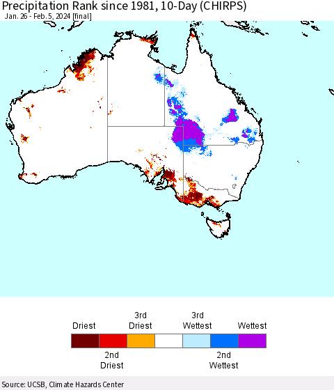 Australia Precipitation Rank since 1981, 10-Day (CHIRPS) Thematic Map For 1/26/2024 - 2/5/2024
