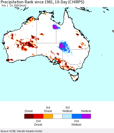 Australia Precipitation Rank since 1981, 10-Day (CHIRPS) Thematic Map For 2/1/2024 - 2/10/2024