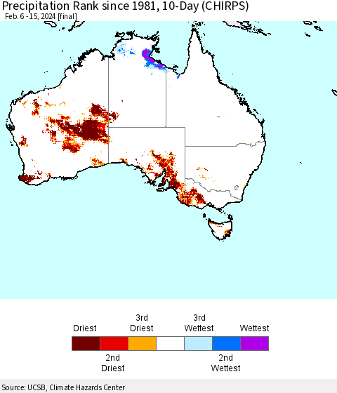Australia Precipitation Rank since 1981, 10-Day (CHIRPS) Thematic Map For 2/6/2024 - 2/15/2024