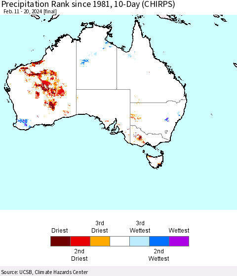 Australia Precipitation Rank since 1981, 10-Day (CHIRPS) Thematic Map For 2/11/2024 - 2/20/2024