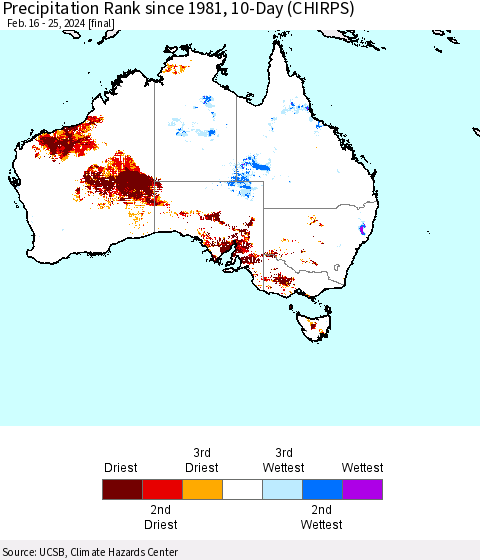 Australia Precipitation Rank since 1981, 10-Day (CHIRPS) Thematic Map For 2/16/2024 - 2/25/2024
