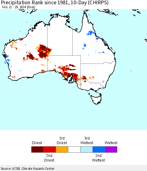 Australia Precipitation Rank since 1981, 10-Day (CHIRPS) Thematic Map For 2/21/2024 - 2/29/2024