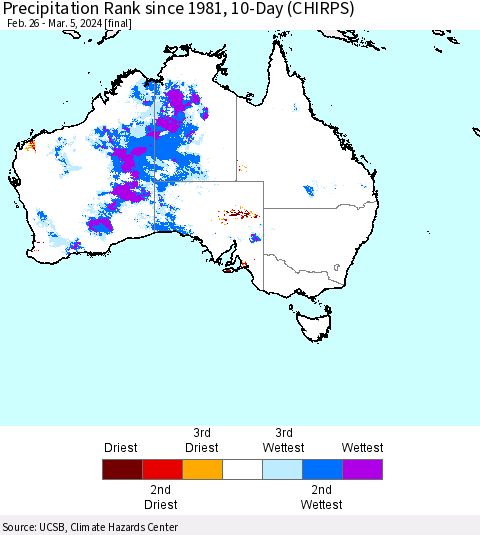 Australia Precipitation Rank since 1981, 10-Day (CHIRPS) Thematic Map For 2/26/2024 - 3/5/2024