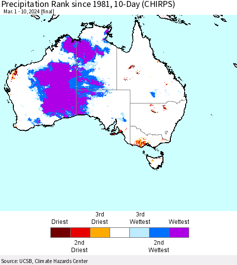 Australia Precipitation Rank since 1981, 10-Day (CHIRPS) Thematic Map For 3/1/2024 - 3/10/2024