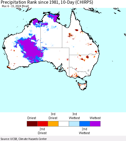 Australia Precipitation Rank since 1981, 10-Day (CHIRPS) Thematic Map For 3/6/2024 - 3/15/2024