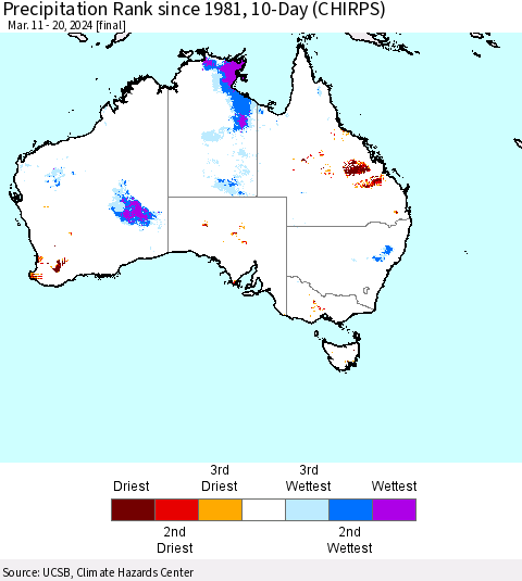 Australia Precipitation Rank since 1981, 10-Day (CHIRPS) Thematic Map For 3/11/2024 - 3/20/2024