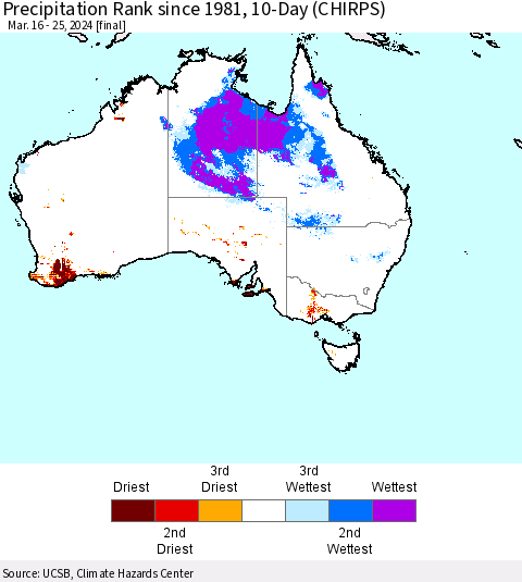 Australia Precipitation Rank since 1981, 10-Day (CHIRPS) Thematic Map For 3/16/2024 - 3/25/2024