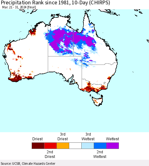 Australia Precipitation Rank since 1981, 10-Day (CHIRPS) Thematic Map For 3/21/2024 - 3/31/2024