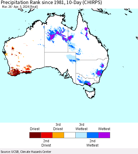 Australia Precipitation Rank since 1981, 10-Day (CHIRPS) Thematic Map For 3/26/2024 - 4/5/2024
