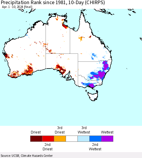 Australia Precipitation Rank since 1981, 10-Day (CHIRPS) Thematic Map For 4/1/2024 - 4/10/2024