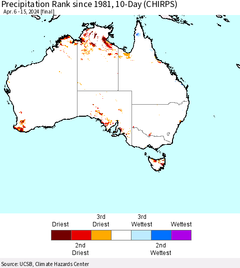 Australia Precipitation Rank since 1981, 10-Day (CHIRPS) Thematic Map For 4/6/2024 - 4/15/2024