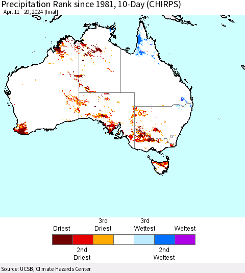 Australia Precipitation Rank since 1981, 10-Day (CHIRPS) Thematic Map For 4/11/2024 - 4/20/2024