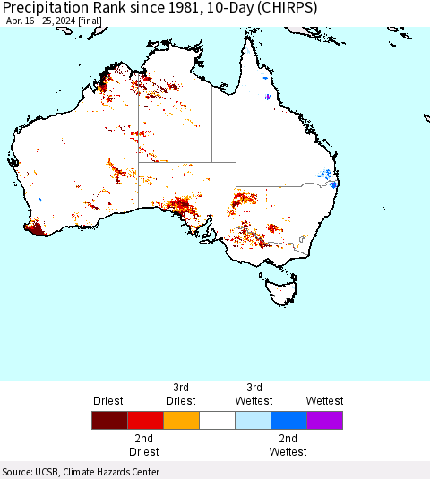 Australia Precipitation Rank since 1981, 10-Day (CHIRPS) Thematic Map For 4/16/2024 - 4/25/2024