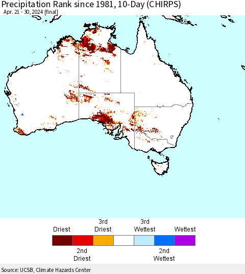 Australia Precipitation Rank since 1981, 10-Day (CHIRPS) Thematic Map For 4/21/2024 - 4/30/2024