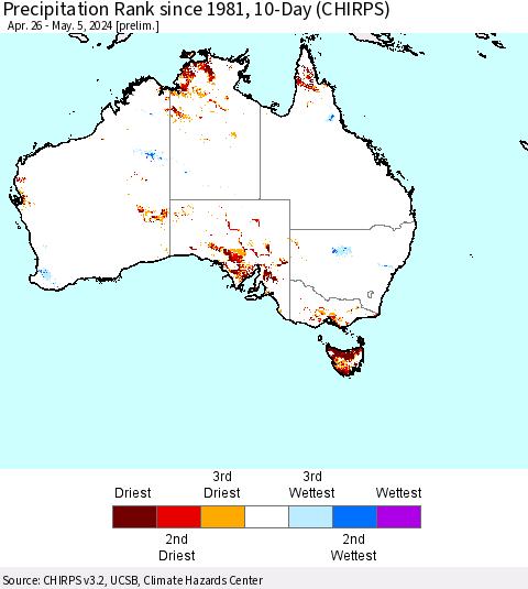 Australia Precipitation Rank since 1981, 10-Day (CHIRPS) Thematic Map For 4/26/2024 - 5/5/2024