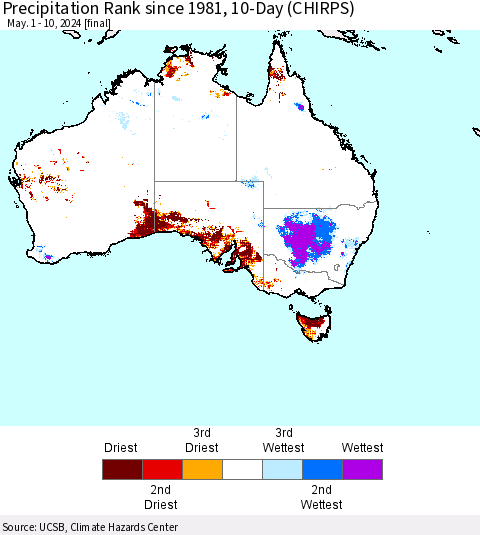 Australia Precipitation Rank since 1981, 10-Day (CHIRPS) Thematic Map For 5/1/2024 - 5/10/2024