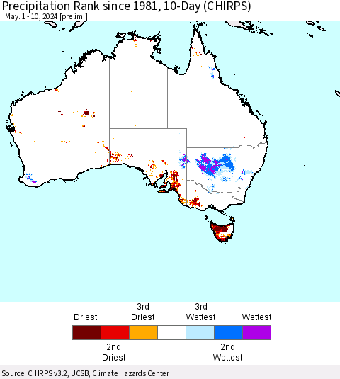 Australia Precipitation Rank since 1981, 10-Day (CHIRPS) Thematic Map For 5/1/2024 - 5/10/2024