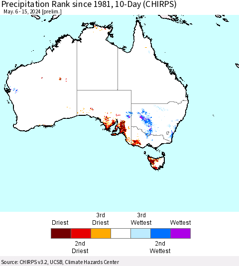 Australia Precipitation Rank since 1981, 10-Day (CHIRPS) Thematic Map For 5/6/2024 - 5/15/2024