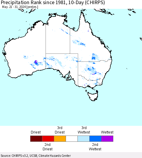 Australia Precipitation Rank since 1981, 10-Day (CHIRPS) Thematic Map For 5/21/2024 - 5/31/2024