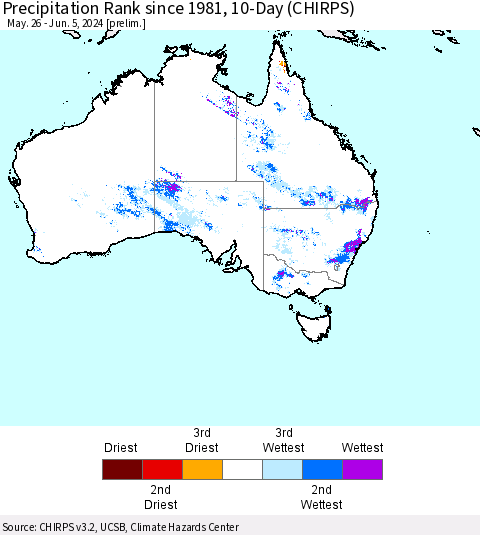 Australia Precipitation Rank since 1981, 10-Day (CHIRPS) Thematic Map For 5/26/2024 - 6/5/2024