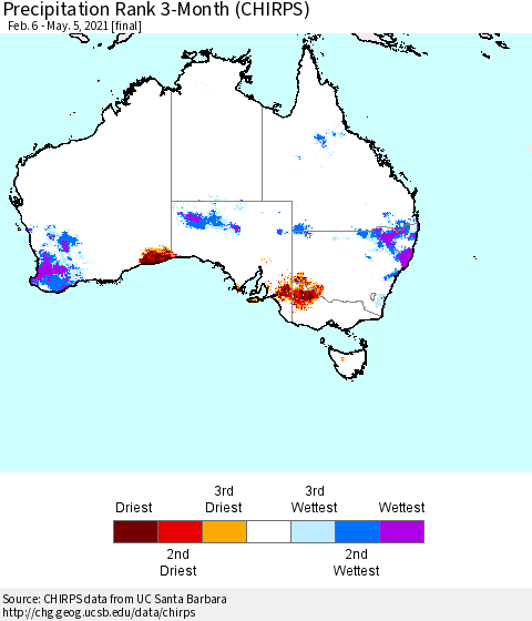 Australia Precipitation Rank since 1981, 3-Month (CHIRPS) Thematic Map For 2/6/2021 - 5/5/2021