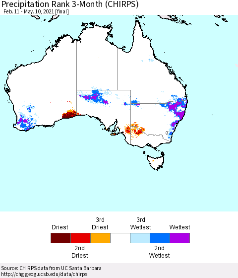 Australia Precipitation Rank since 1981, 3-Month (CHIRPS) Thematic Map For 2/11/2021 - 5/10/2021