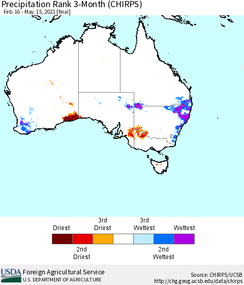 Australia Precipitation Rank since 1981, 3-Month (CHIRPS) Thematic Map For 2/16/2021 - 5/15/2021