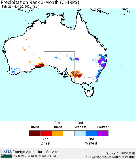 Australia Precipitation Rank since 1981, 3-Month (CHIRPS) Thematic Map For 2/21/2021 - 5/20/2021