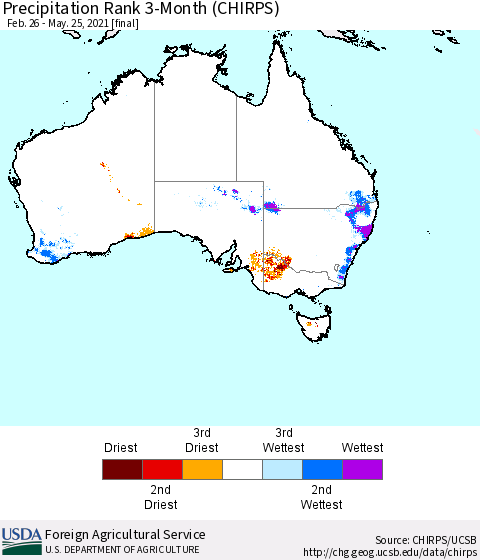 Australia Precipitation Rank since 1981, 3-Month (CHIRPS) Thematic Map For 2/26/2021 - 5/25/2021