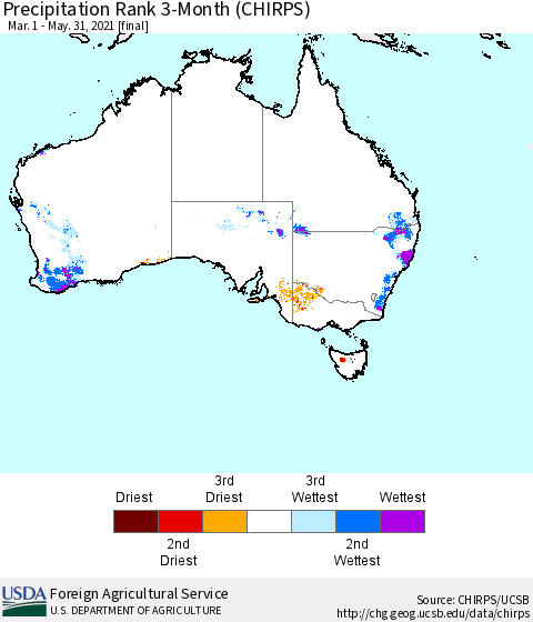Australia Precipitation Rank since 1981, 3-Month (CHIRPS) Thematic Map For 3/1/2021 - 5/31/2021