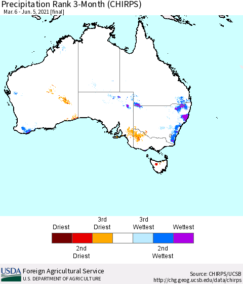 Australia Precipitation Rank since 1981, 3-Month (CHIRPS) Thematic Map For 3/6/2021 - 6/5/2021