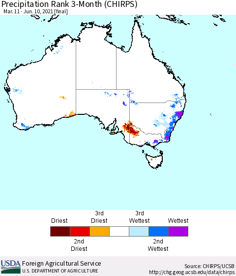 Australia Precipitation Rank since 1981, 3-Month (CHIRPS) Thematic Map For 3/11/2021 - 6/10/2021