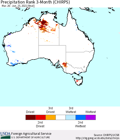 Australia Precipitation Rank since 1981, 3-Month (CHIRPS) Thematic Map For 3/26/2021 - 6/25/2021