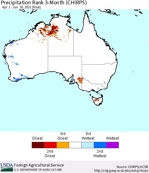 Australia Precipitation Rank since 1981, 3-Month (CHIRPS) Thematic Map For 4/1/2021 - 6/30/2021