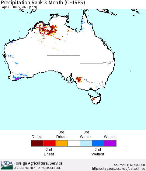 Australia Precipitation Rank since 1981, 3-Month (CHIRPS) Thematic Map For 4/6/2021 - 7/5/2021