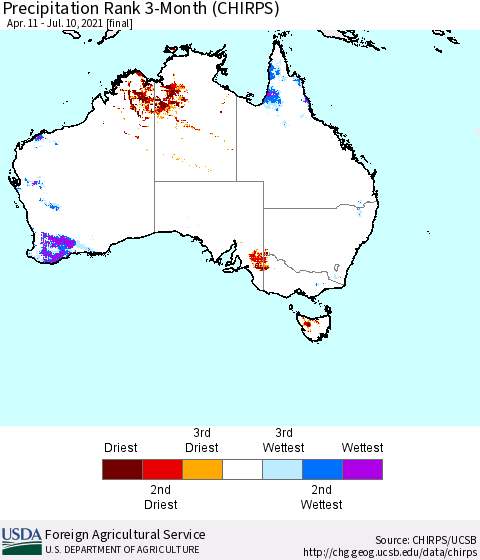 Australia Precipitation Rank since 1981, 3-Month (CHIRPS) Thematic Map For 4/11/2021 - 7/10/2021