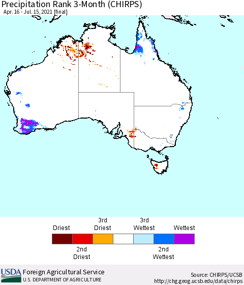 Australia Precipitation Rank since 1981, 3-Month (CHIRPS) Thematic Map For 4/16/2021 - 7/15/2021