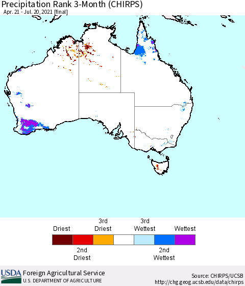 Australia Precipitation Rank since 1981, 3-Month (CHIRPS) Thematic Map For 4/21/2021 - 7/20/2021