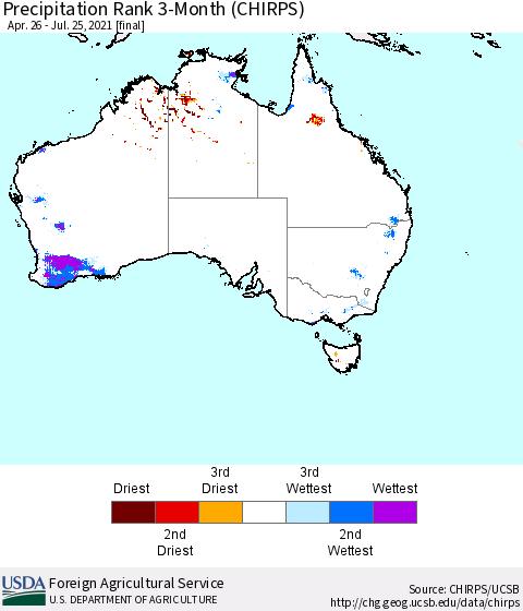 Australia Precipitation Rank since 1981, 3-Month (CHIRPS) Thematic Map For 4/26/2021 - 7/25/2021