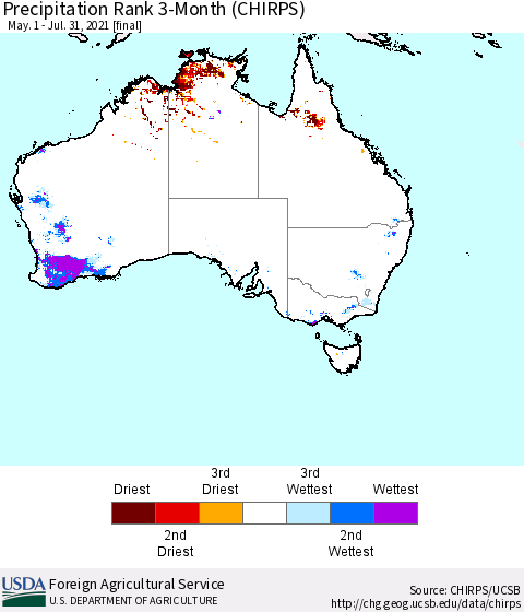 Australia Precipitation Rank since 1981, 3-Month (CHIRPS) Thematic Map For 5/1/2021 - 7/31/2021