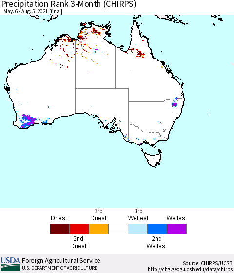 Australia Precipitation Rank since 1981, 3-Month (CHIRPS) Thematic Map For 5/6/2021 - 8/5/2021