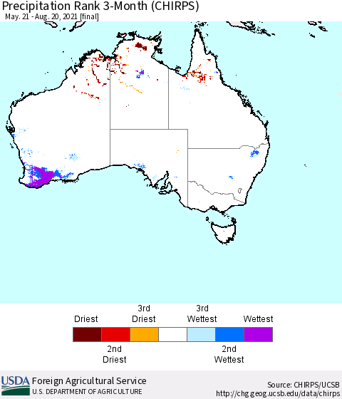 Australia Precipitation Rank since 1981, 3-Month (CHIRPS) Thematic Map For 5/21/2021 - 8/20/2021