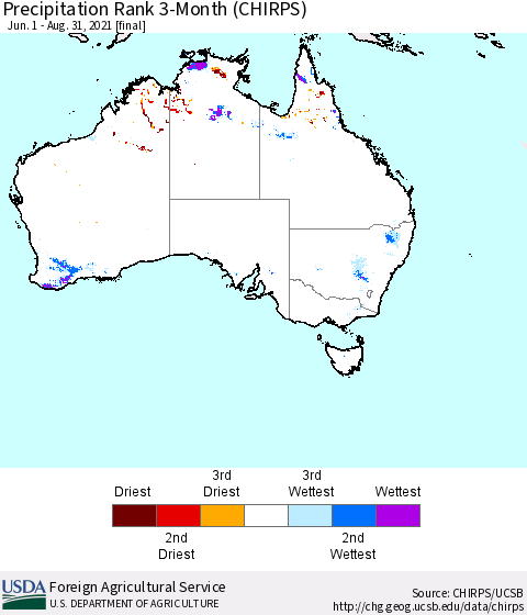 Australia Precipitation Rank since 1981, 3-Month (CHIRPS) Thematic Map For 6/1/2021 - 8/31/2021