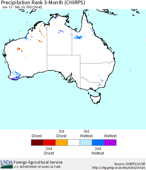 Australia Precipitation Rank since 1981, 3-Month (CHIRPS) Thematic Map For 6/11/2021 - 9/10/2021
