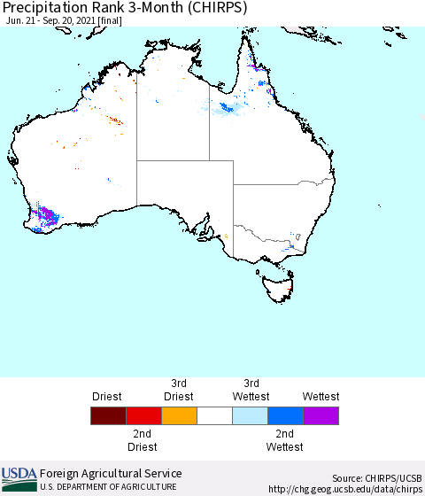 Australia Precipitation Rank since 1981, 3-Month (CHIRPS) Thematic Map For 6/21/2021 - 9/20/2021