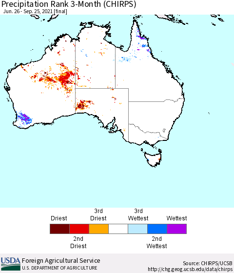 Australia Precipitation Rank since 1981, 3-Month (CHIRPS) Thematic Map For 6/26/2021 - 9/25/2021