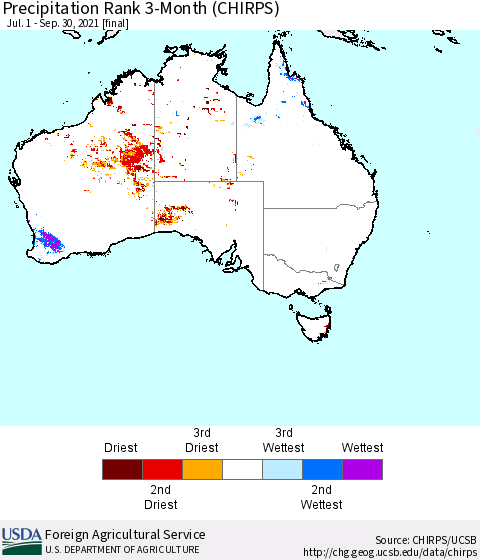Australia Precipitation Rank since 1981, 3-Month (CHIRPS) Thematic Map For 7/1/2021 - 9/30/2021